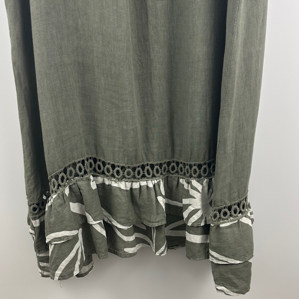 Little Corner Miami 100% Linen Made in Italy Olive Ruffle Button Midi Dress XL - Picture 10 of 11